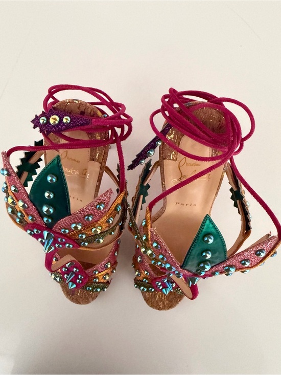 Christian Louboutin Shoes - Women's Embellished Lace-Up Sandals - Pink & Teal